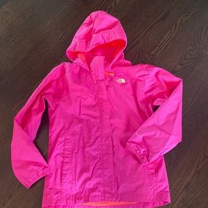 Girls The North Face pink rain jacket, size L 14-16, EUC.